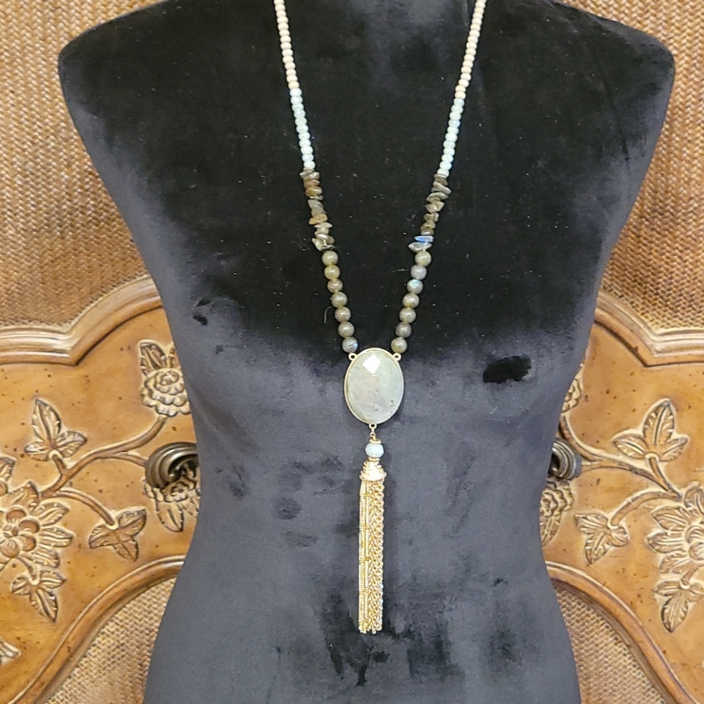 Hematite and Pyrite Stone and Gold tone Tassel Necklace